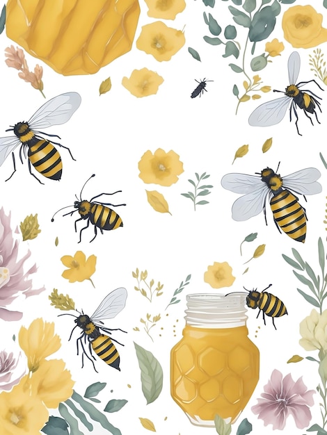 set of Watercolor Honey Bee on white background ai generated