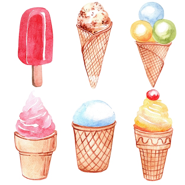 Set of watercolor ice cream on stick isolated on white background.