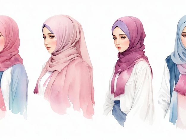 set watercolor illustration of muslim woman in hijab ramadan concept