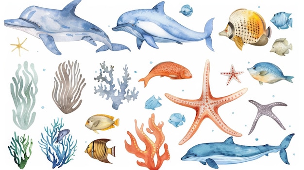 Photo a set of watercolor illustrations depicting marine life