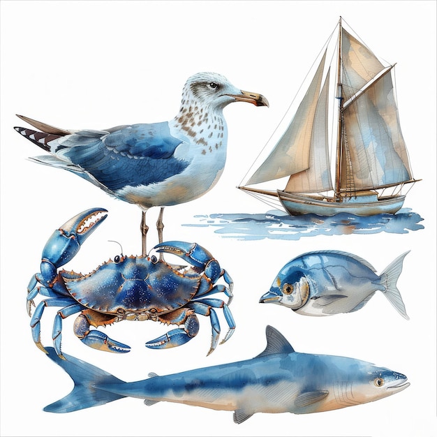 Set of watercolor illustrations featuring blue crab fish and seagulls Handpainted on white