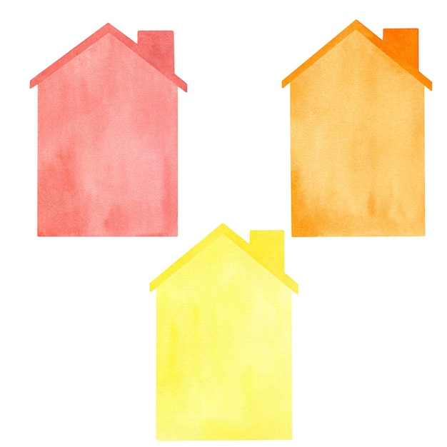 A set of watercolor illustrations of houses with roofs and chimneys in rich classic red orange and