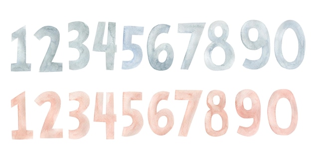 Photo set of watercolor illustrations of pink and blue numbers.