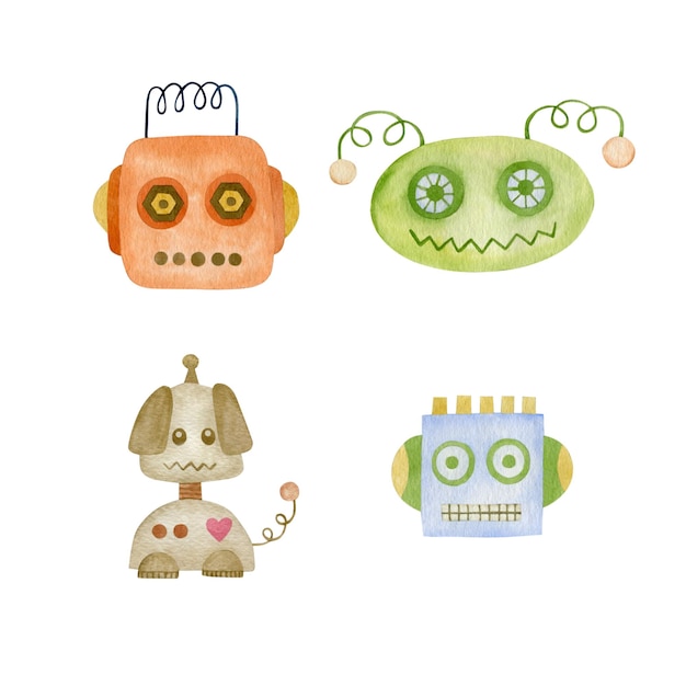 Set of watercolor illustrations robots party