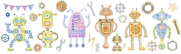 Set of watercolor illustrations robots party