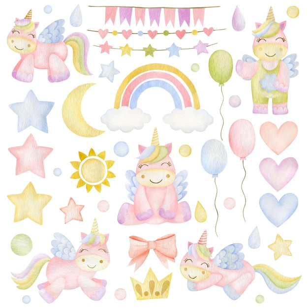 Set di illustrazioni ad acquerello di unicorni happy birthday stickers