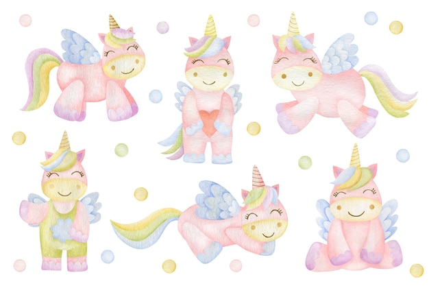 Set of watercolor illustrations of unicorns Happy Birthday Stickers