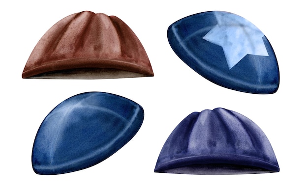 수채화 kippot 손으로 그린 yarmulke 유대인 파란색 갈색 머리 장식 kippah 스타 데이비드의 세트