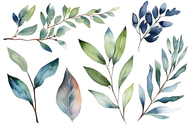 A set of watercolor leaves and branches.