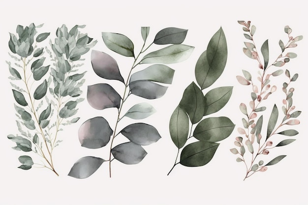 A set of watercolor leaves in green and gray.