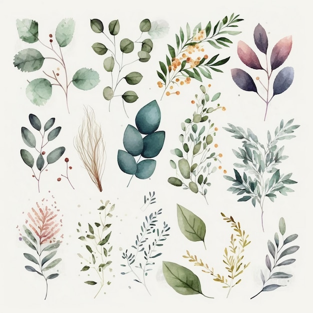 A set of watercolor leaves and plants.