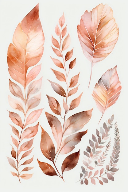 A set of watercolor leaves and plants.
