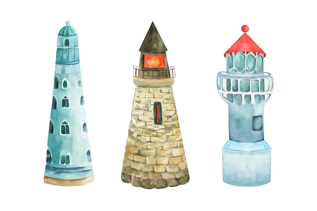 Set of watercolor lighthouses