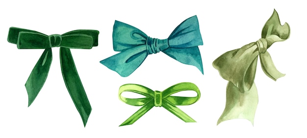 A set of watercolor objects bows handpainted in watercolor on a white background