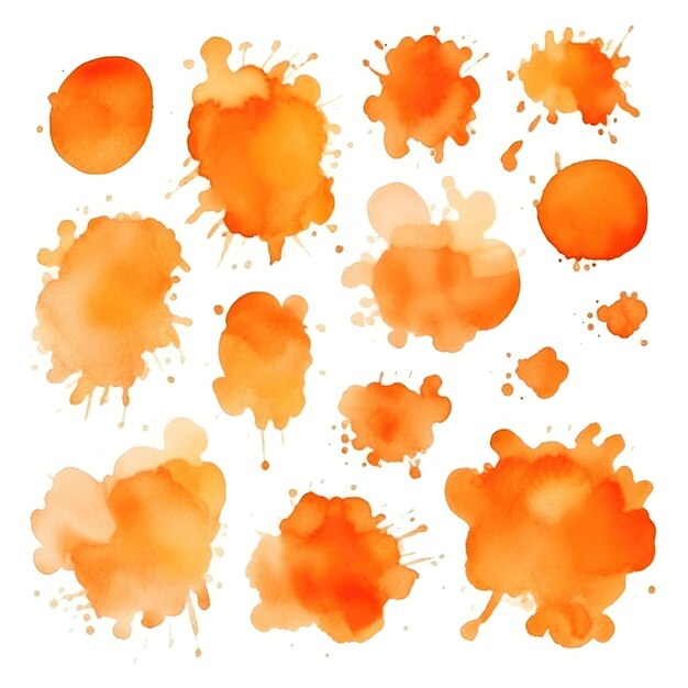 Photo set of watercolor paint stains blobs and splashes on white background