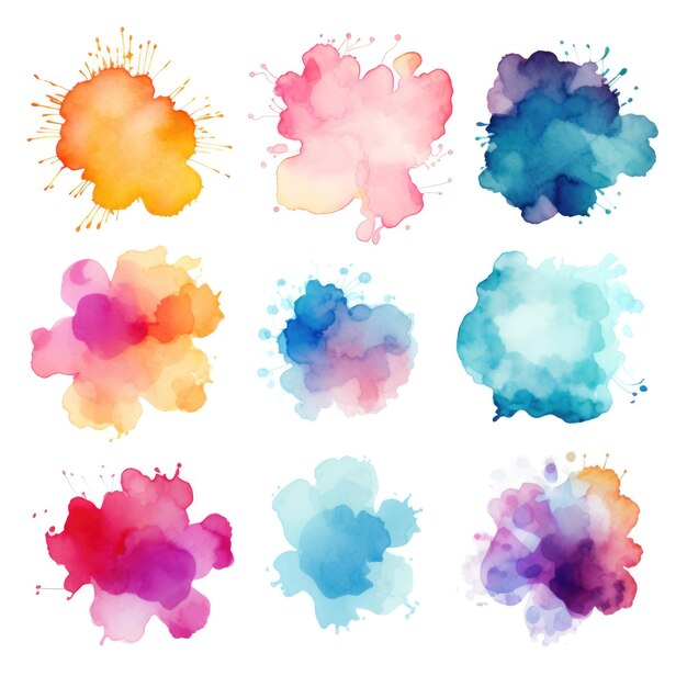 Photo set of watercolor paint stains blobs and splashes on white background