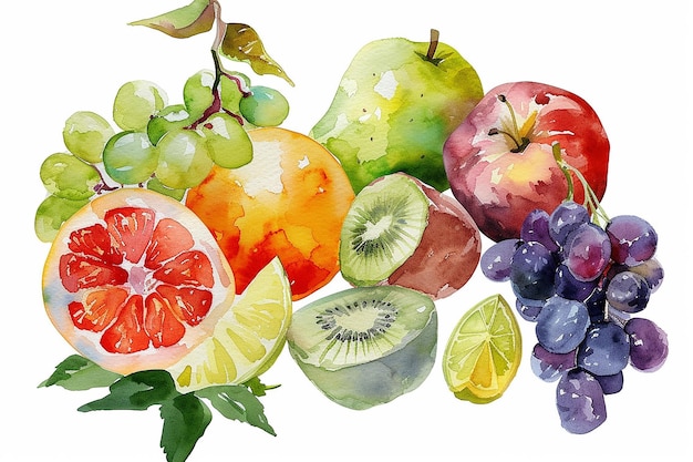 写真 白い背景に隔離された手描きのベクトル新鮮な食品デザイン要素を水彩で描いた果物のコレクションをセットします
