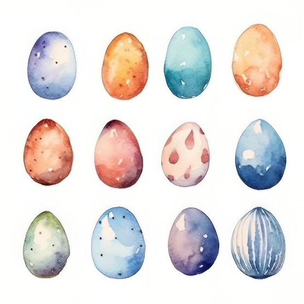 Set of watercolor painted Easter eggs isolated on white background Hand drawn illustration