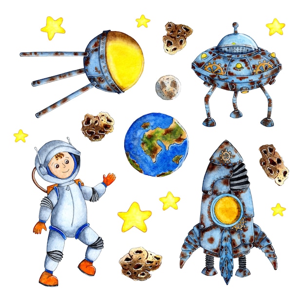 Photo set of watercolor painting space hand drawn background for kids cartoon rocket satellite planets