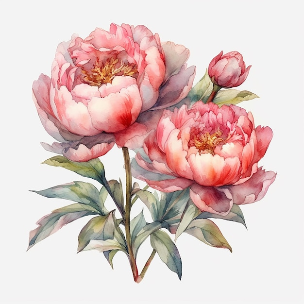 set of watercolor peonies with leaves and flowers