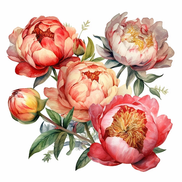 set of watercolor peonies with leaves and flowers