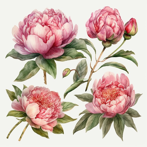 set of watercolor peonies with leaves and flowers