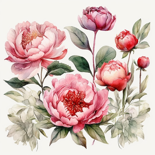 set of watercolor peonies with leaves and flowers