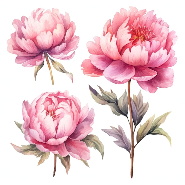 Set of Watercolor Peony Flowers on White Background AI Generated