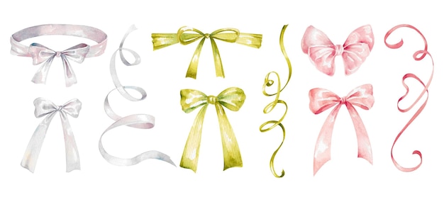 set of watercolor pink white green ribbons and bows hand drawn illustration for design on white