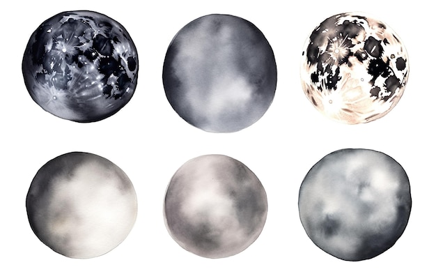 Photo a set of watercolor planets with different textures