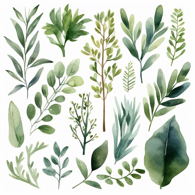 A set of watercolor plants and leaves.