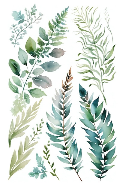 A set of watercolor plants on a white background.