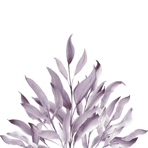 A set of watercolor purple leaves hand-painted in watercolor on a white background. A great option for print, postcards, invitations and creativity.