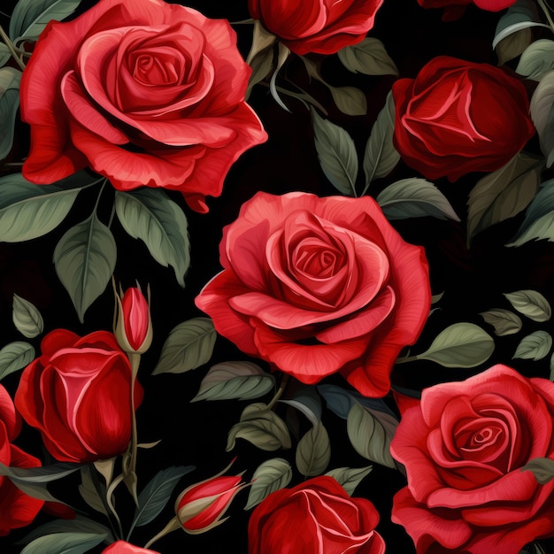 水彩の赤いバラの花と葉のセット