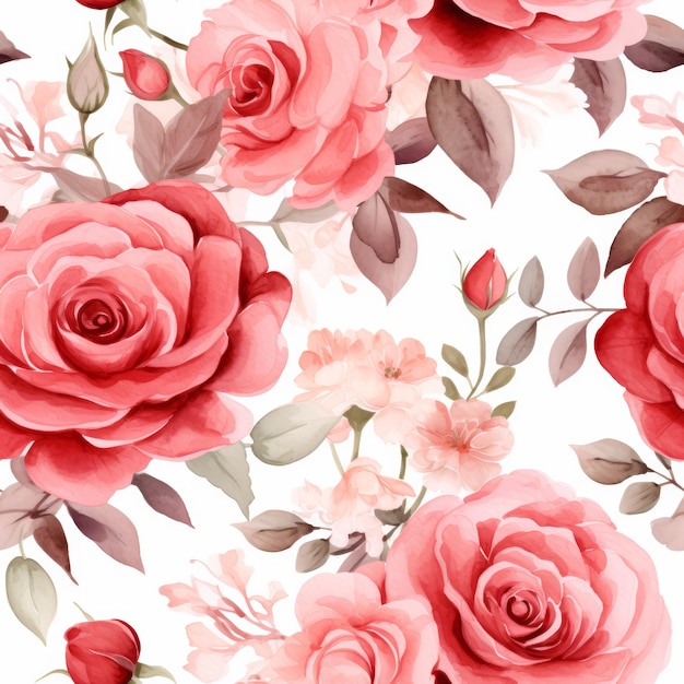 수채화 붉은 장미 꽃과 잎의 세트