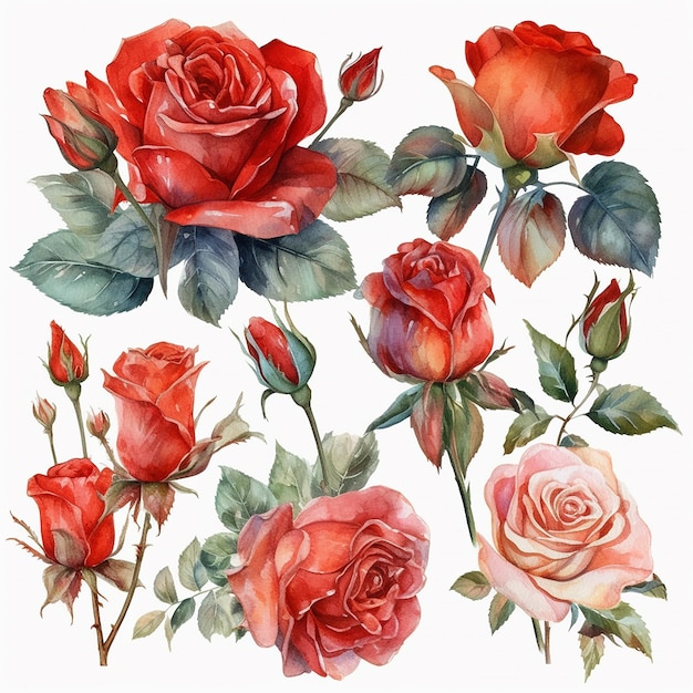 Set of watercolor red roses isolated on white background