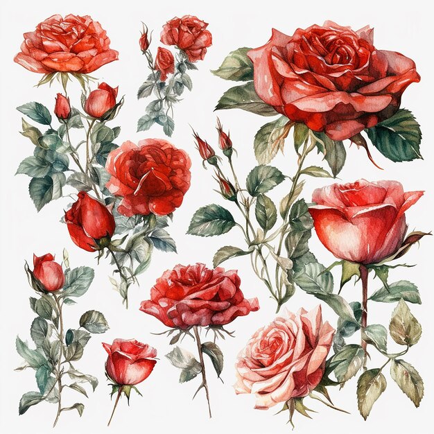 Set of watercolor red roses isolated on white background