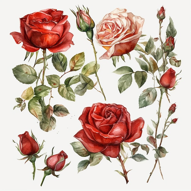 Set of watercolor red roses isolated on white background