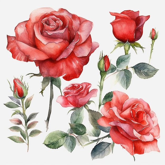 Set of watercolor red roses isolated on white background