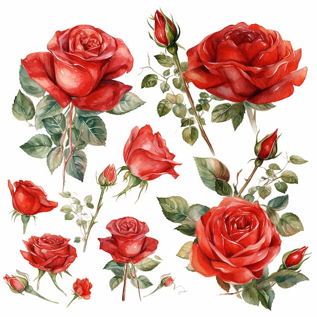 Set of watercolor red roses isolated on white background
