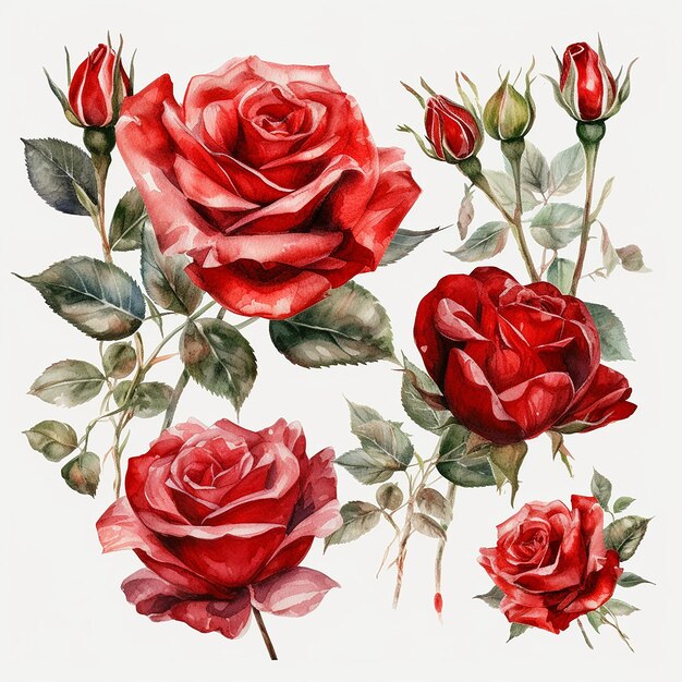 Set of watercolor red roses isolated on white background