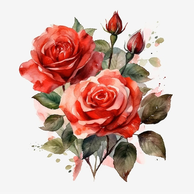 흰색 배경에 고립 수채화 빨간 장미 세트
