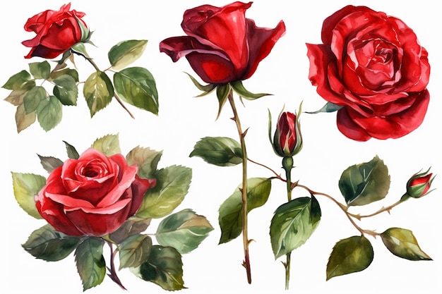 Set of watercolor red roses isolated on white background