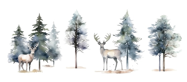 Set of watercolor reindeers and trees isolated on white background Generative ai