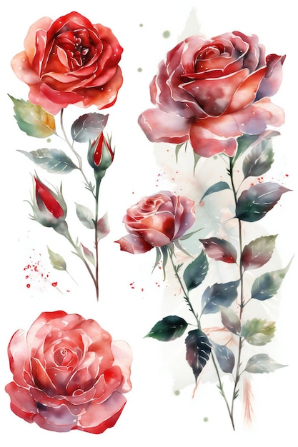 A set of watercolor roses with leaves and flowers.