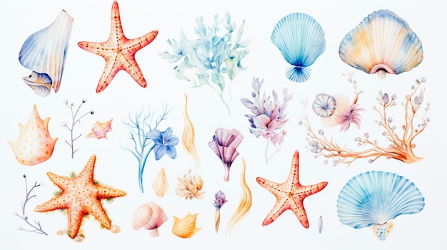 Set of watercolor sea creatures and fishes marine animals Generative AI