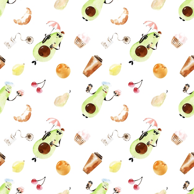 A set of watercolor seamless patterns with avocado characters