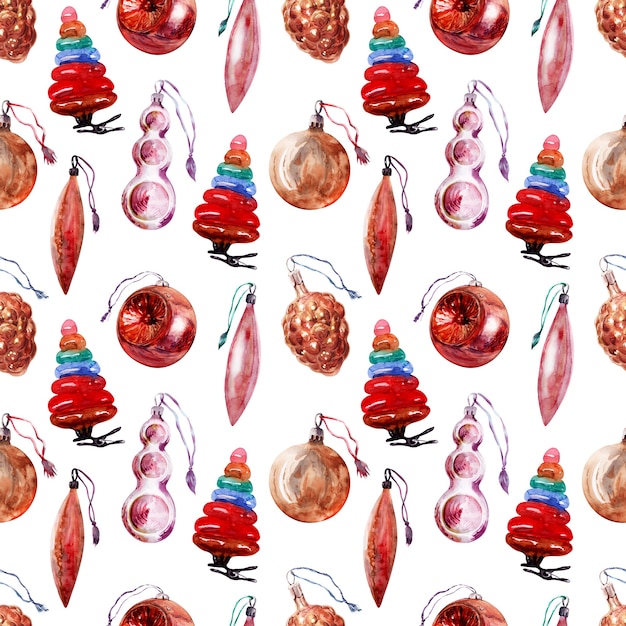 A set of watercolor seamless patterns with Christmas tree toys