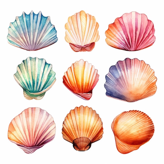 A set of watercolor seashells painted in watercolor