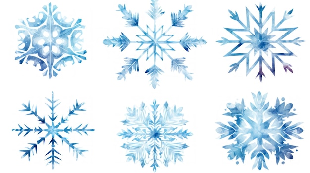 Photo set of watercolor snowflakes isolated on white background illustration generative ai